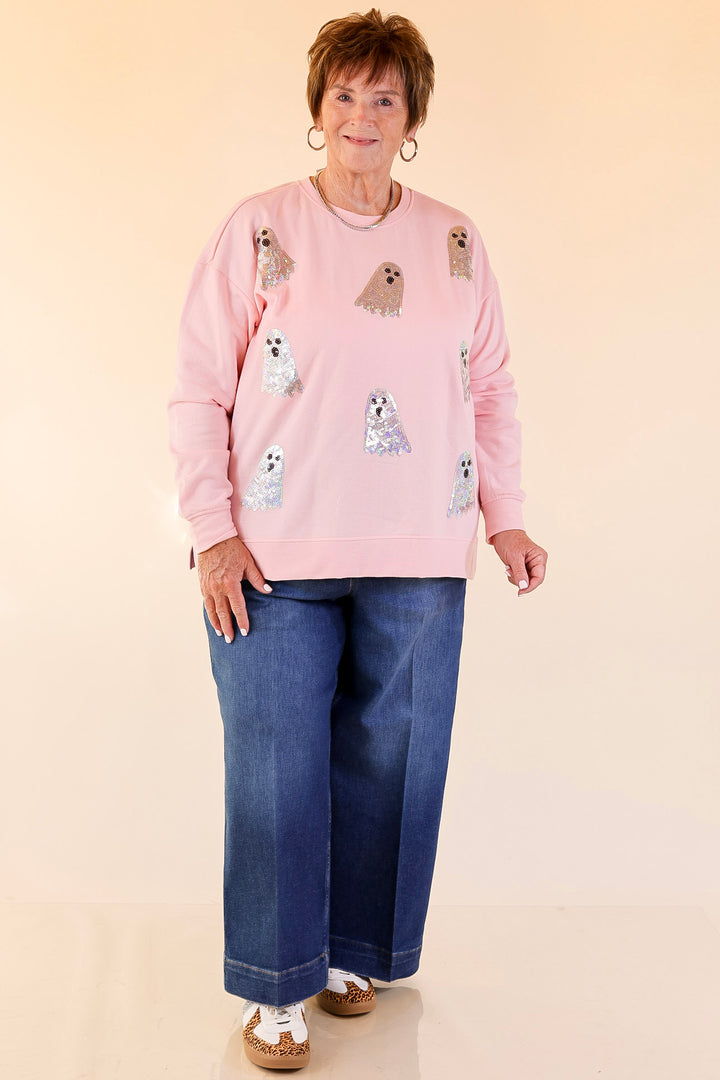 Mud Pie | Too Cute to Spook Crew Neck Sweatshirt with Side Slits and Sequin Ghosts in Pink