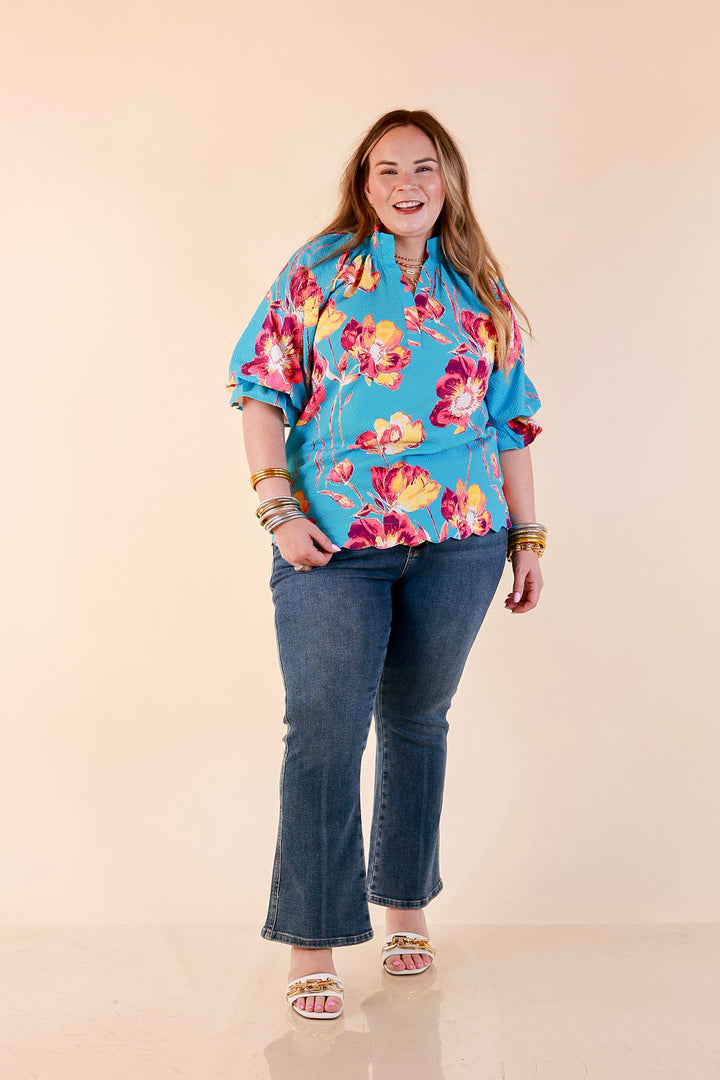 Petal Perfect Floral Print Textured Puff Sleeve Top with Ruffle Split Neckline in Aqua Mix