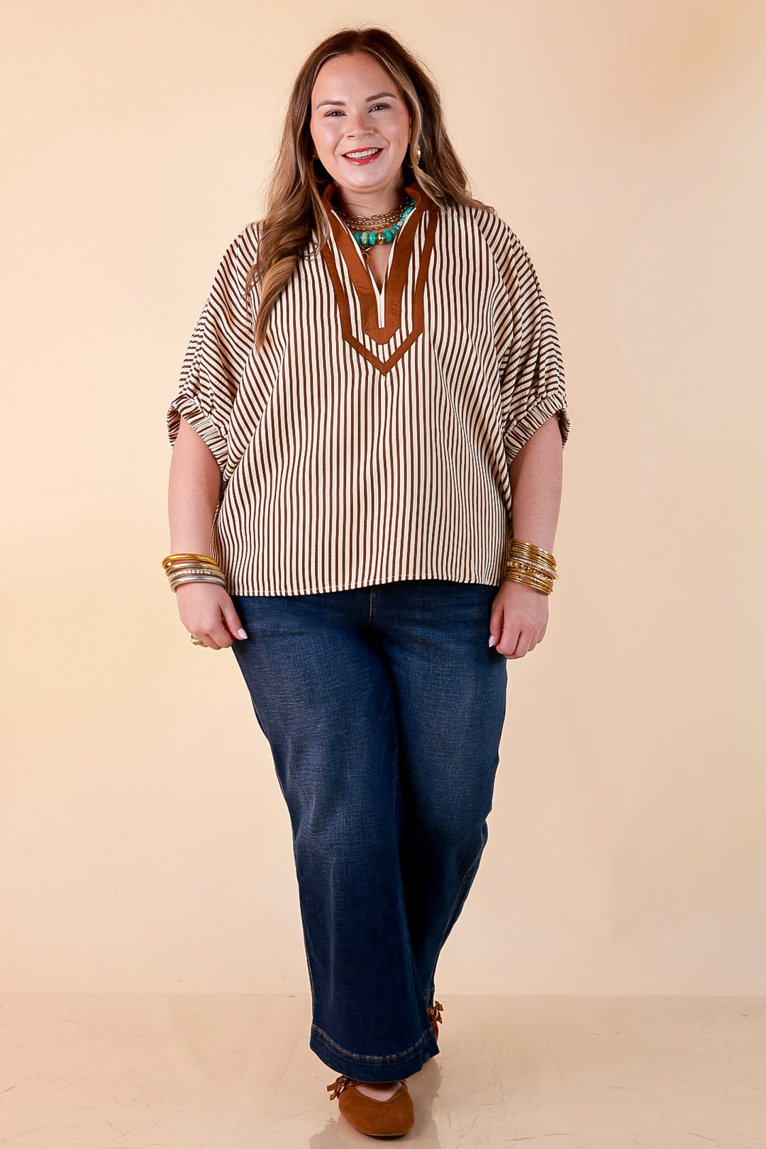 Naturally Stylish Stripe Top with Contrast Stripe Trim and Short Dolman Sleeves in Camel Brown