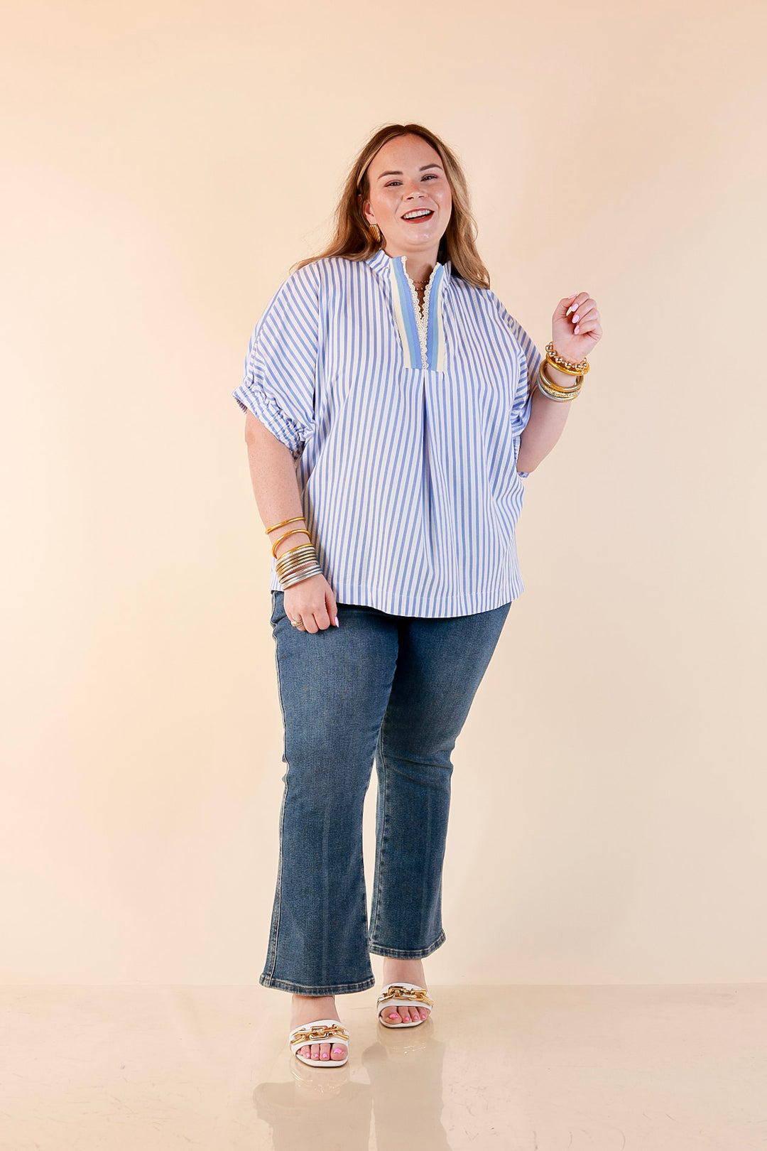 Naturally Stylish Striped Poncho Top with Lace Trim Details and Dolman Sleeves in Baby Blue