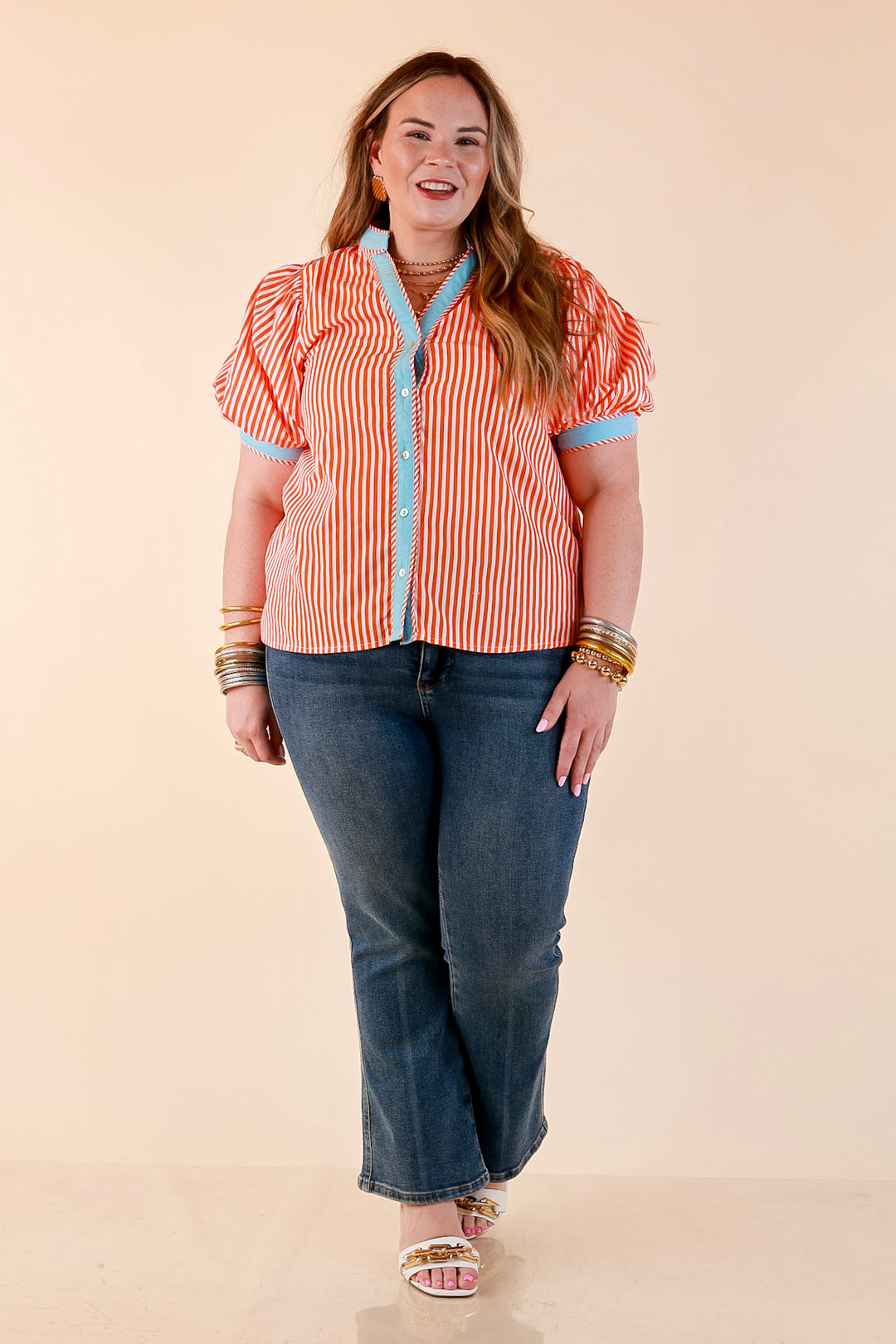 Pop of Polish Short Puff Sleeve Button Front Top with Contrast Trim in Orange, White and Sky Blue