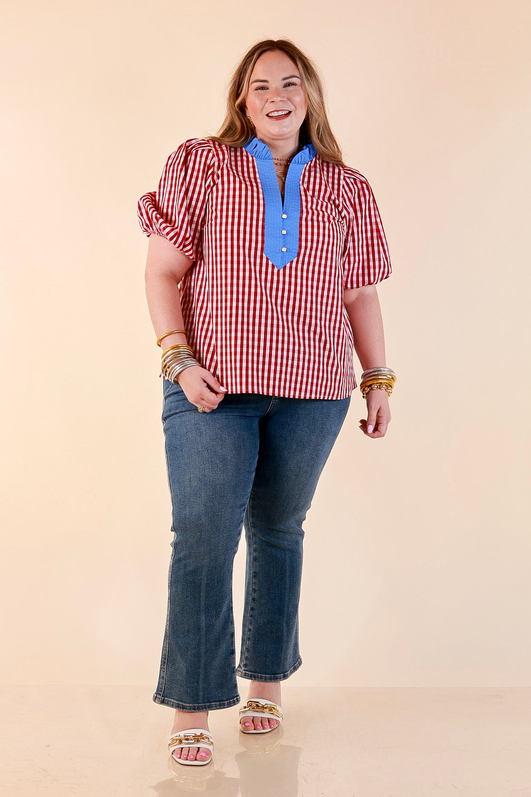 Polished &amp; Playful Short Puff Sleeve Gingham Top with Contrast Blue Trim in Red and White
