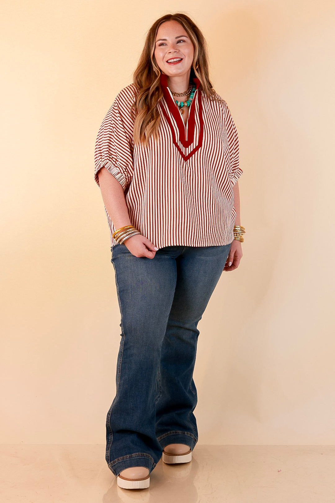 Naturally Stylish Stripe Top with Contrast Stripe Trim and Short Dolman Sleeves in Brick Red
