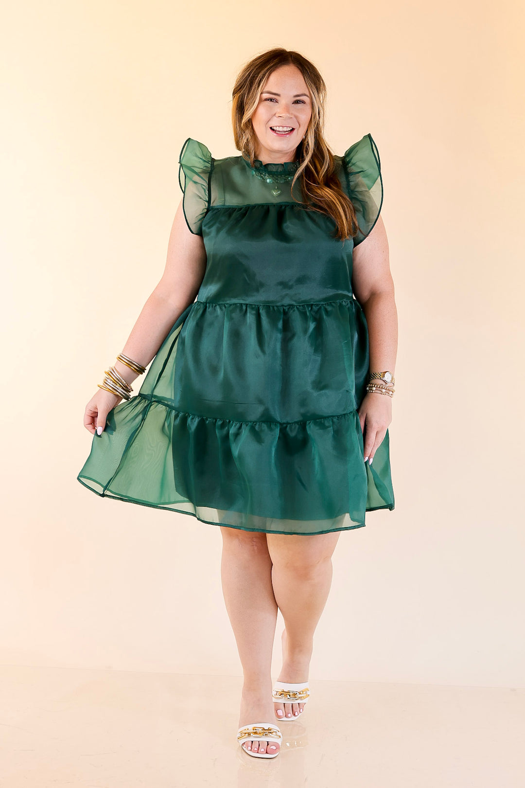 Mud Pie | Jane High Neck Sheer Tulle Ruffle Tiered Dress in Forest Green