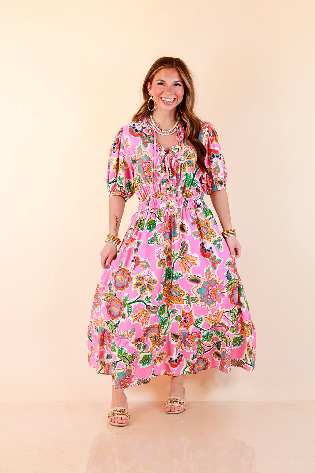 Color Me Happy Floral Print Midi Dress with Tie Neckline and Puff Sleeves in Pink