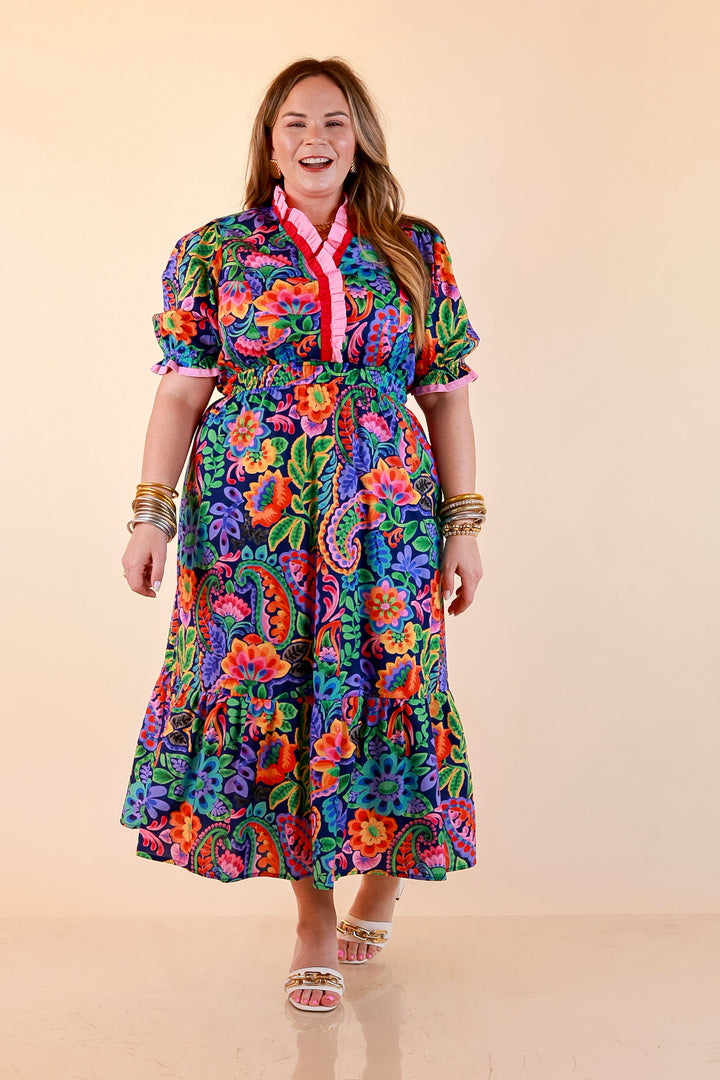 Gracefully Yours Floral and Paisley Print Midi Dress with Contrast Ruffle Trim in Navy Blue