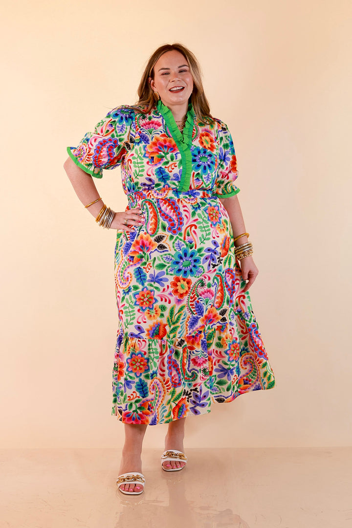 Gracefully Yours Floral and Paisley Print Midi Dress with Contrast Ruffle Trim in Ivory