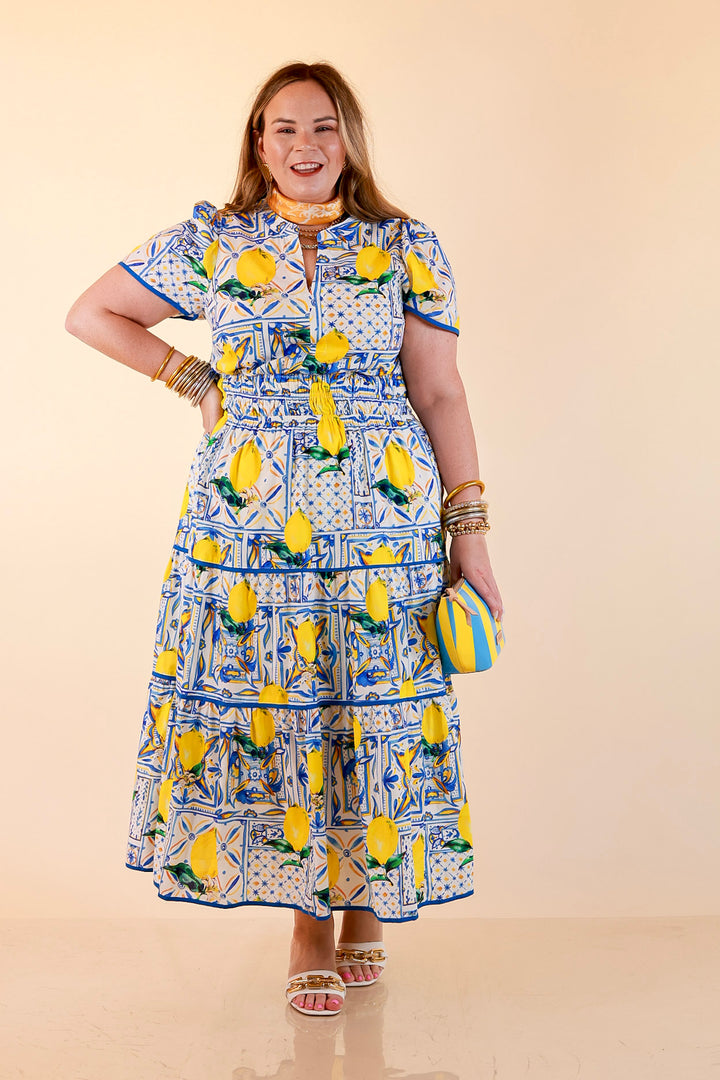 Villa Views Lemon and Tile Abstract Print Tiered Midi Dress in Blue and Yellow