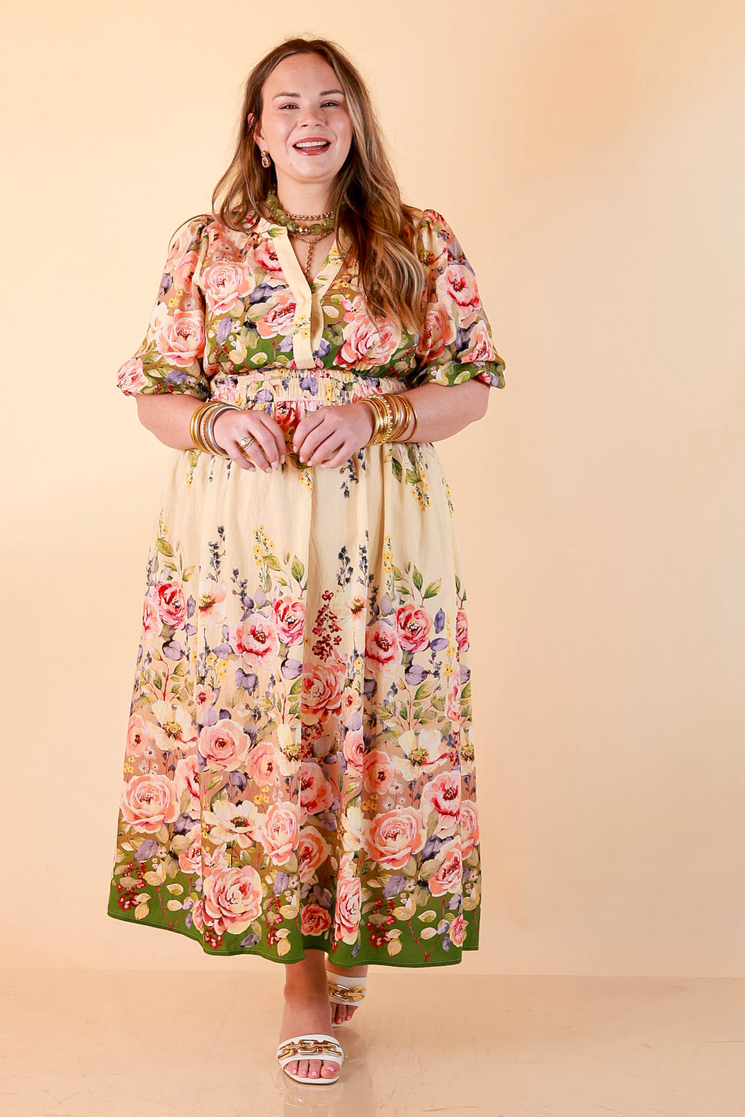 Brunch with the Girls Puff Sleeve Smocked Waist Floral Print Tiered Midi Dress in Ivory and Olive Green Multi