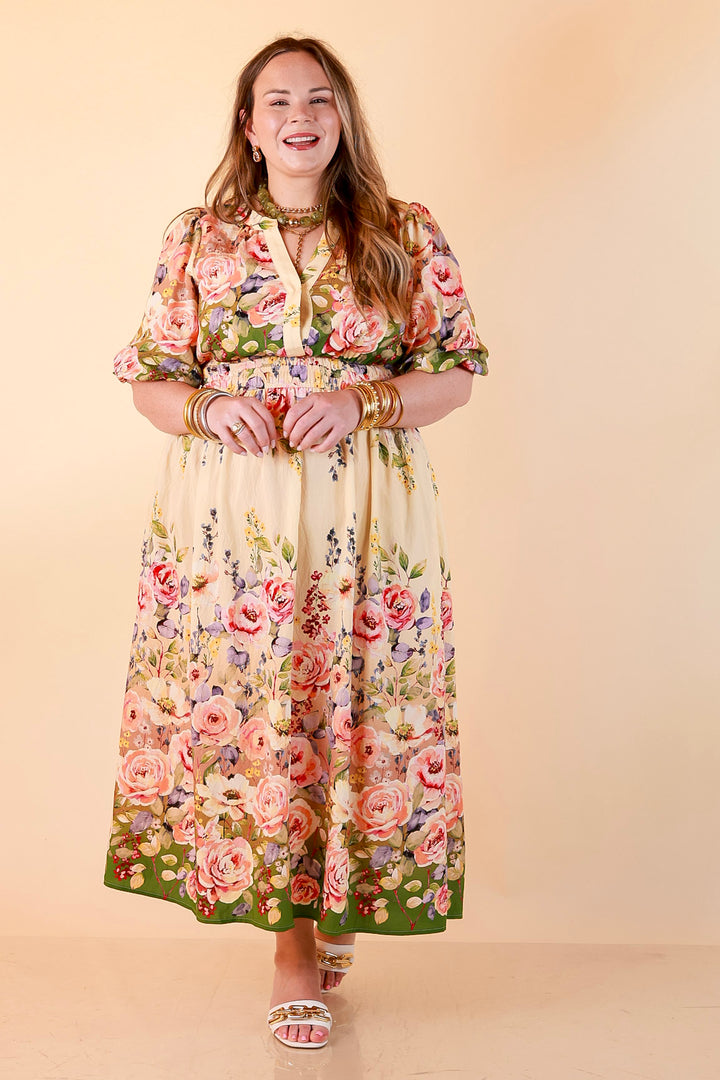 Brunch with the Girls Puff Sleeve Smocked Waist Floral Print Tiered Midi Dress in Ivory and Olive Green Multi