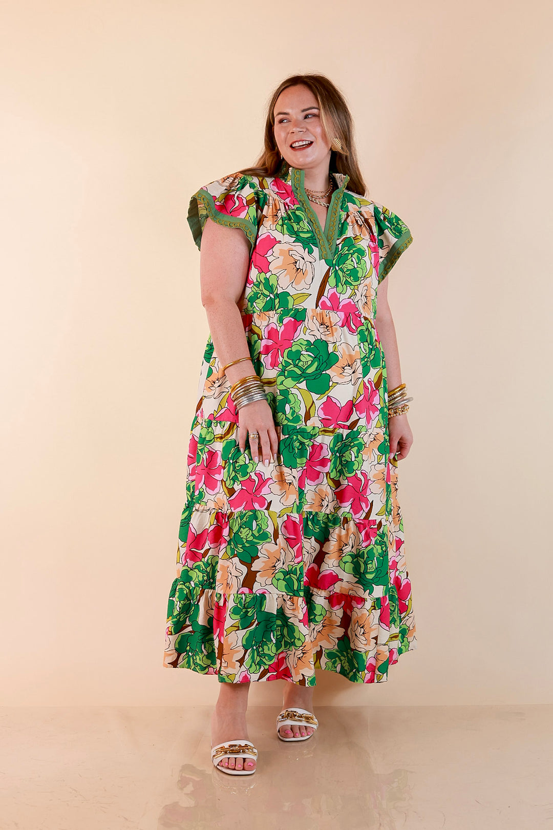 Spring Symphony Floral Print Tiered Midi Dress with Flutter Sleeves in Pink and Green