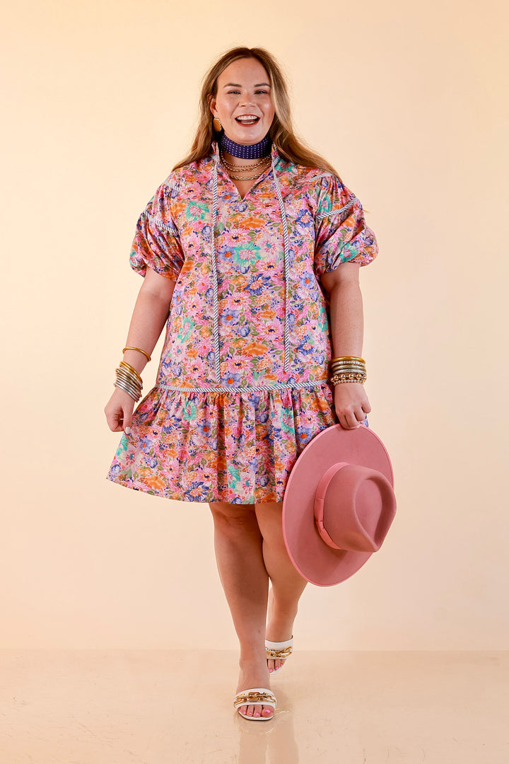 Darling Detail Floral Print Drop Waist Mini Dress with Contrast Trim in Pink Multi