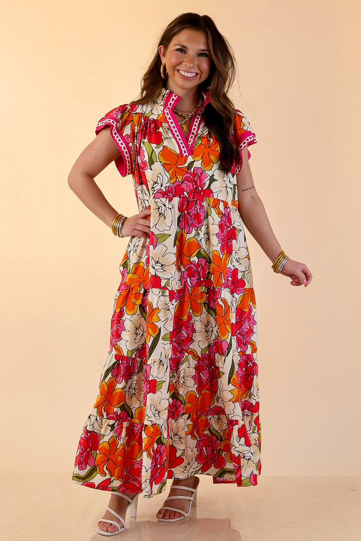 Spring Symphony Floral Print Tiered Midi Dress with Flutter Sleeves in Pink and Orange