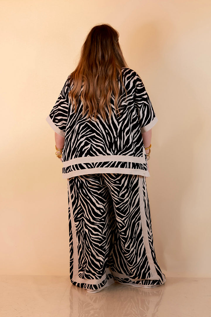 First Class Chic Button Front Collared Top with Matching Wide Leg Pants Set in Black and Ivory Zebra Print