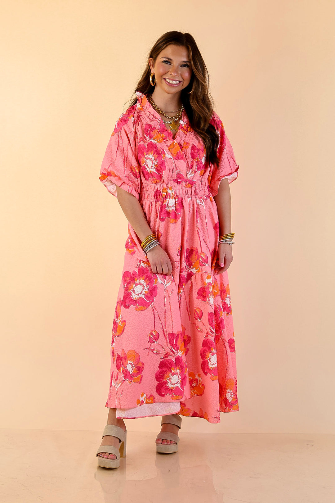 Breezy Belle Floral Print Textured Puff Sleeve Midi Dress with Smocked Waist in Pink Mix