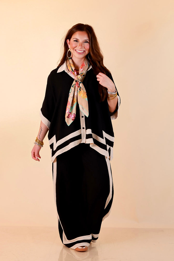 First Class Chic Button Front Collared Top with Matching Wide Leg Pants Set in Black and Ivory