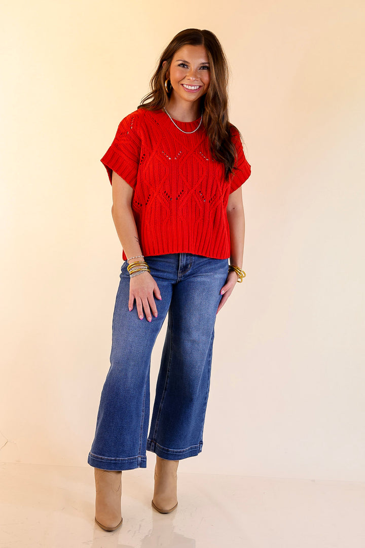 Knit to Last Cable Knit Short Sleeve Sweater Top in Red