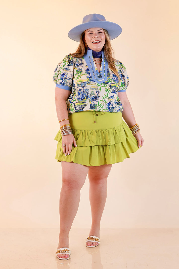 Coast is Clear Vase Print Contrast Trim Top with Puff Sleeves in Blue Multi