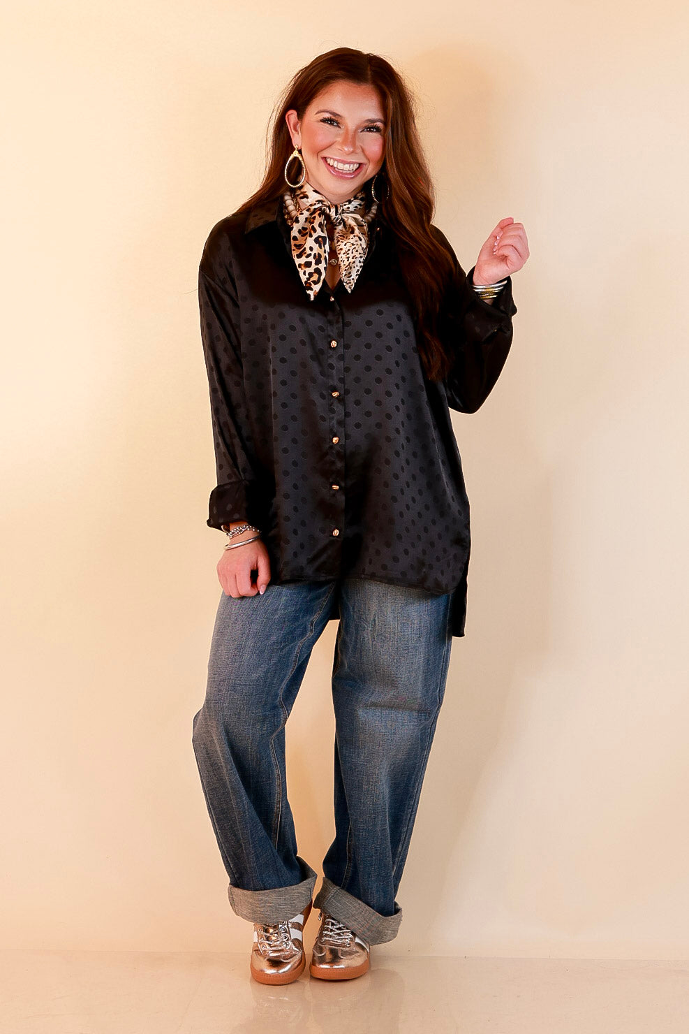 Polished Point of View Satin Collared Polka Dot Button Down Blouse with Gold Buttons in Black