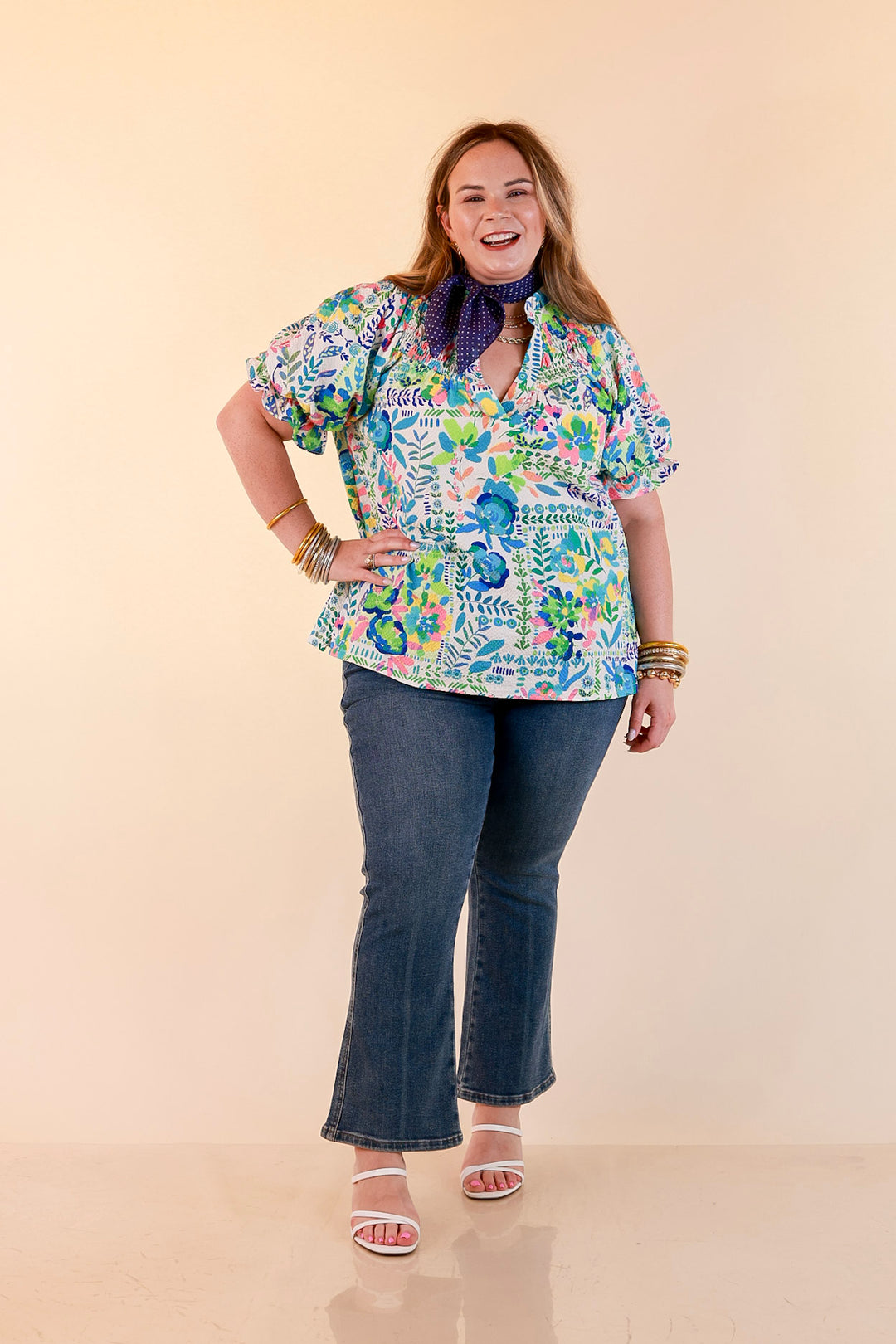 Living in Color Watercolor Floral Print Textured Top with Puff Sleeves in Ivory