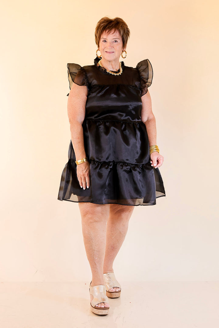 Mud Pie | Jane High Neck Sheer Tulle Ruffle Tiered Dress in Black