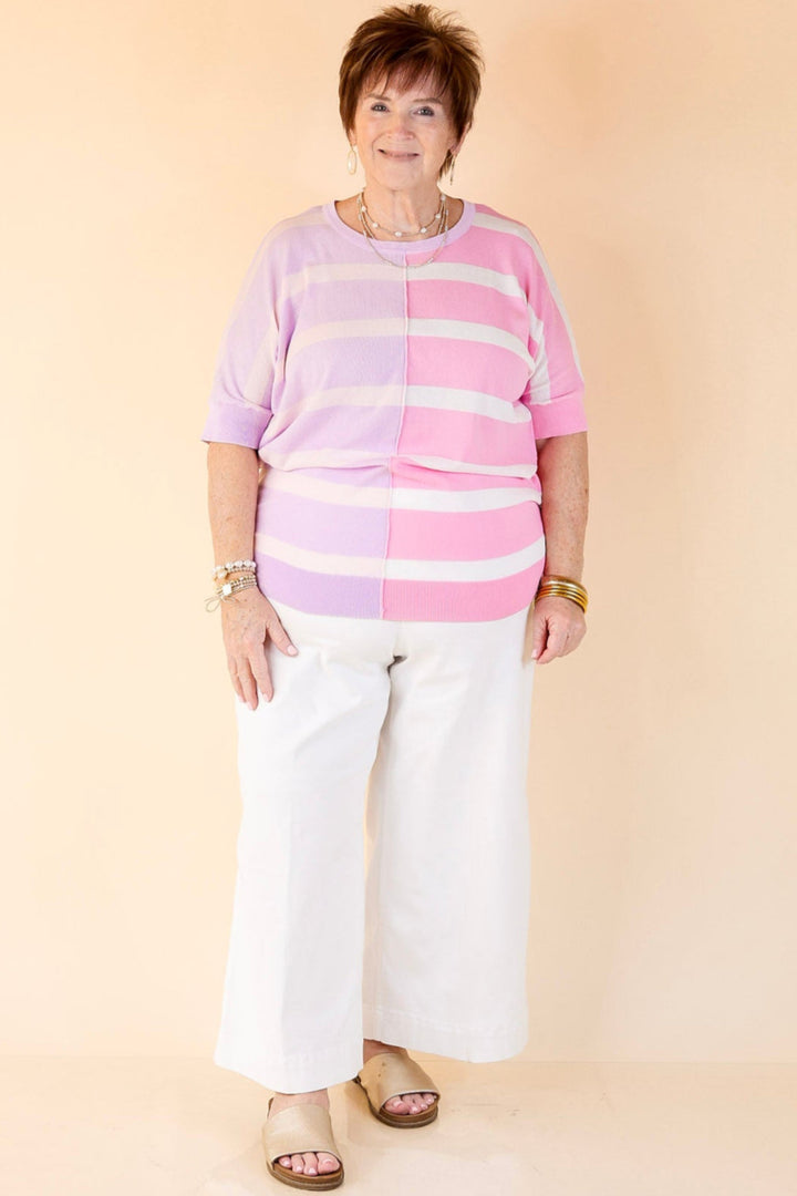 Urban Chic Color Block Striped Knit Top in Purple and Pink