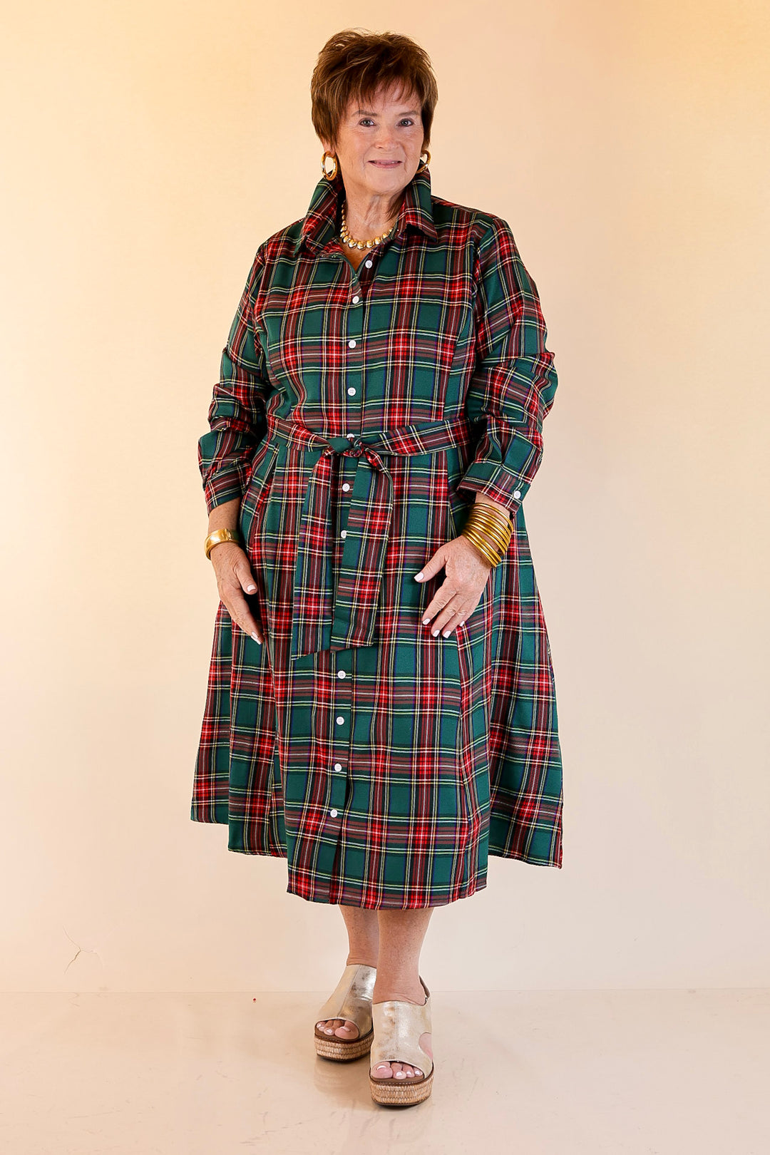 Polished Presence Long Sleeve Plaid Button Up Collared Midi Dress in Green