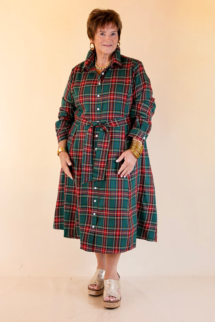 Polished Presence Long Sleeve Plaid Button Up Collared Midi Dress in Green