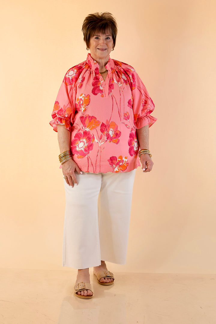 Petal Perfect Floral Print Textured Puff Sleeve Top with Ruffle Split Neckline in Pink Mix