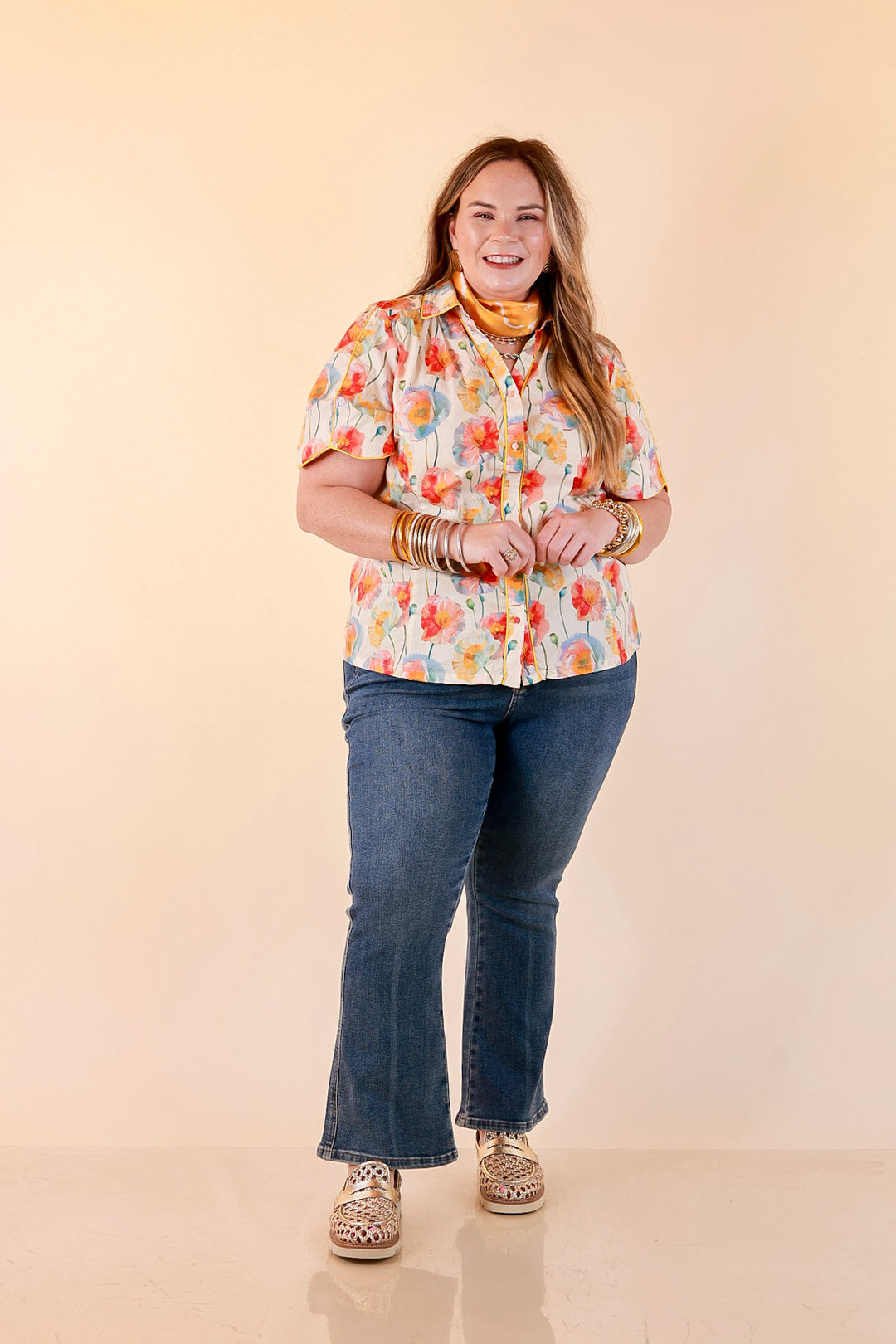 Petals and Plans Poppy Floral Print Button Up Collar Blouse in Cream