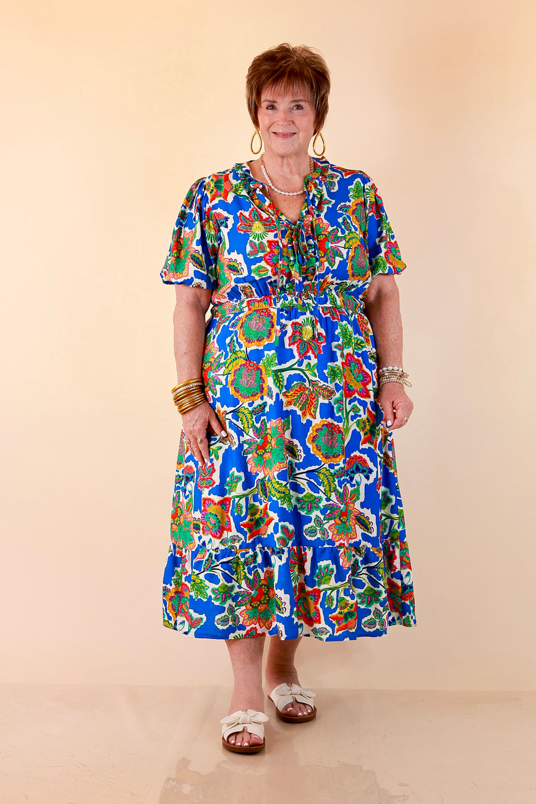 Color Me Happy Floral Print Midi Dress with Tie Neckline and Puff Sleeves in Royal Blue