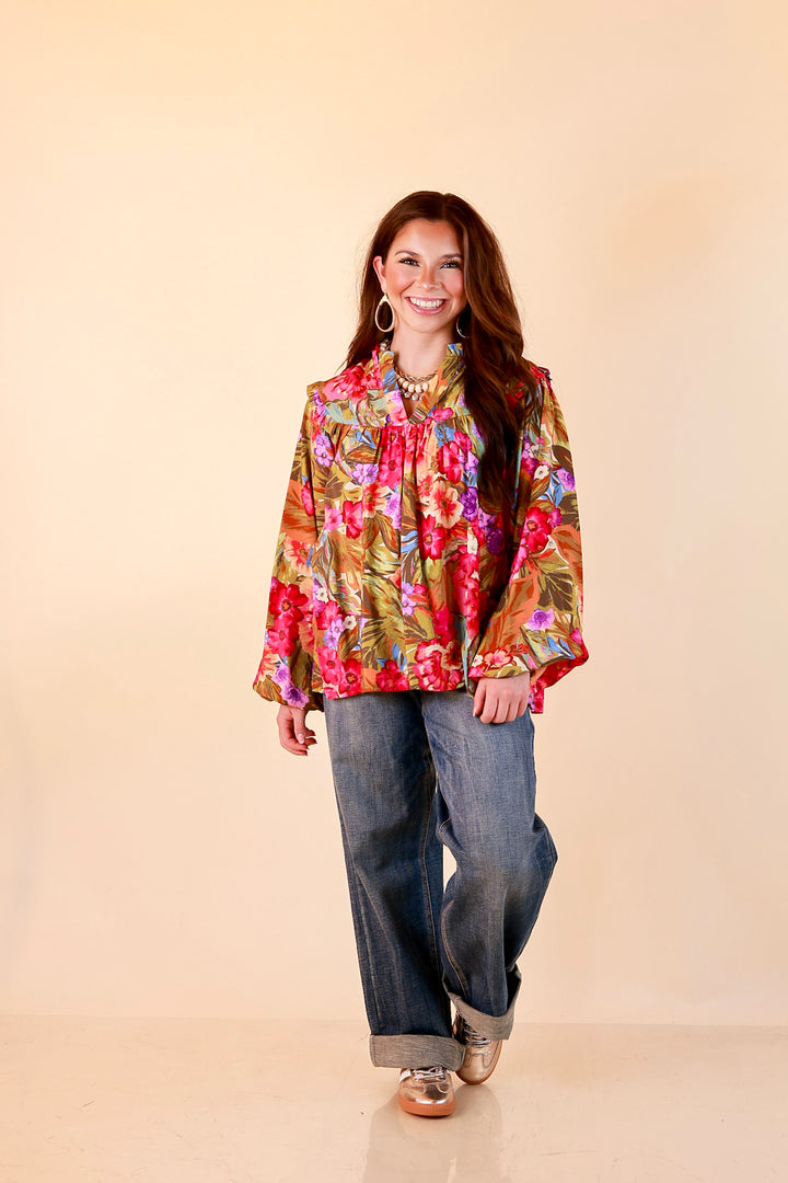 Garden Social Long Sleeve Ruffle Shoulder V-Neck Flowy Floral Print Blouse in Olive Green Multi