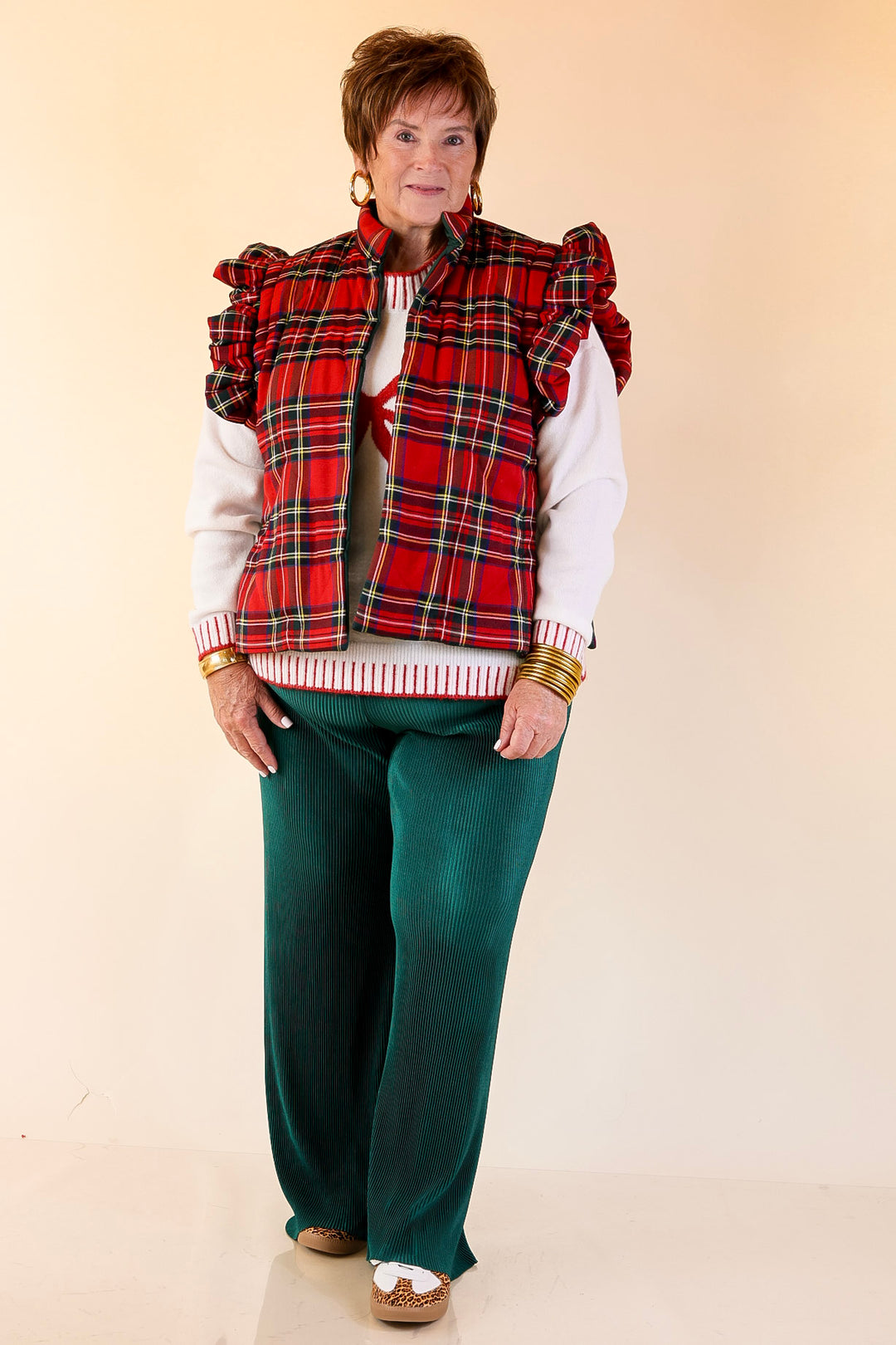 Mud Pie | Jefferies Quilted Plaid Reversible Vest with Ruffle Cap Sleeves and Bow Side Closure in Red