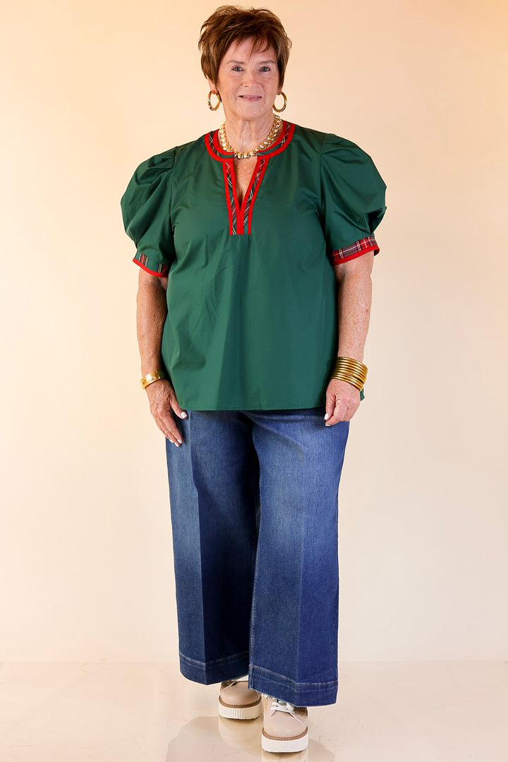 Commanding Style V Neck Top with Short Balloon Sleeves and Plaid Trim in Hunter Green