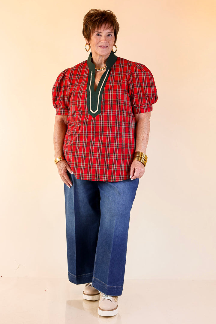 Chic Statement V Neck Plaid Top with Short Balloon Sleeves and Green Trim in Red