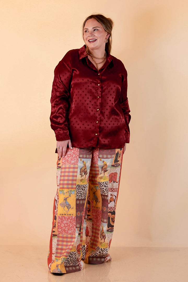 Polished Point of View Satin Collared Polka Dot Button Down Blouse with Gold Buttons in Maroon