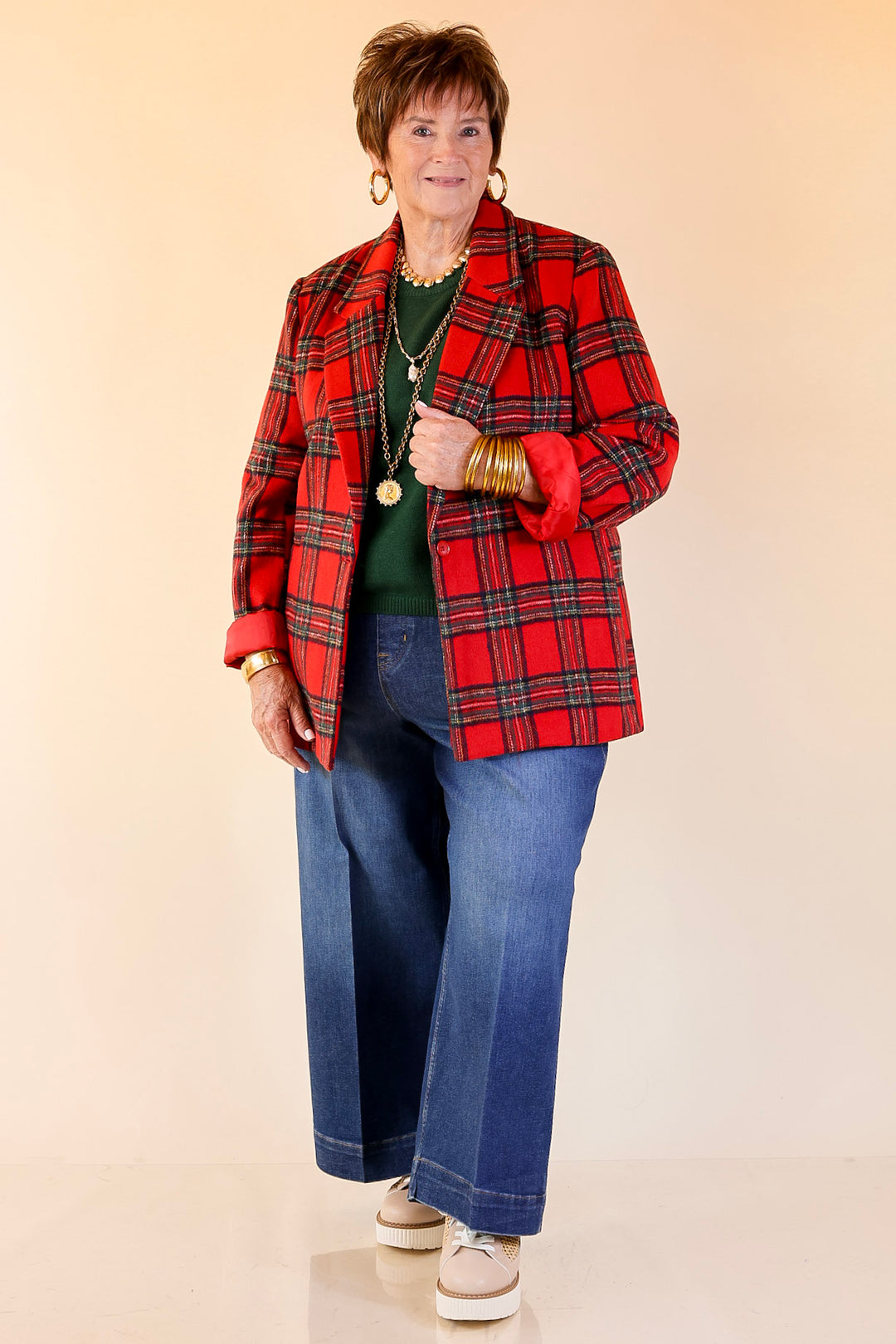 Season to Shine Long Sleeve Tartan Plaid Blazer in Red