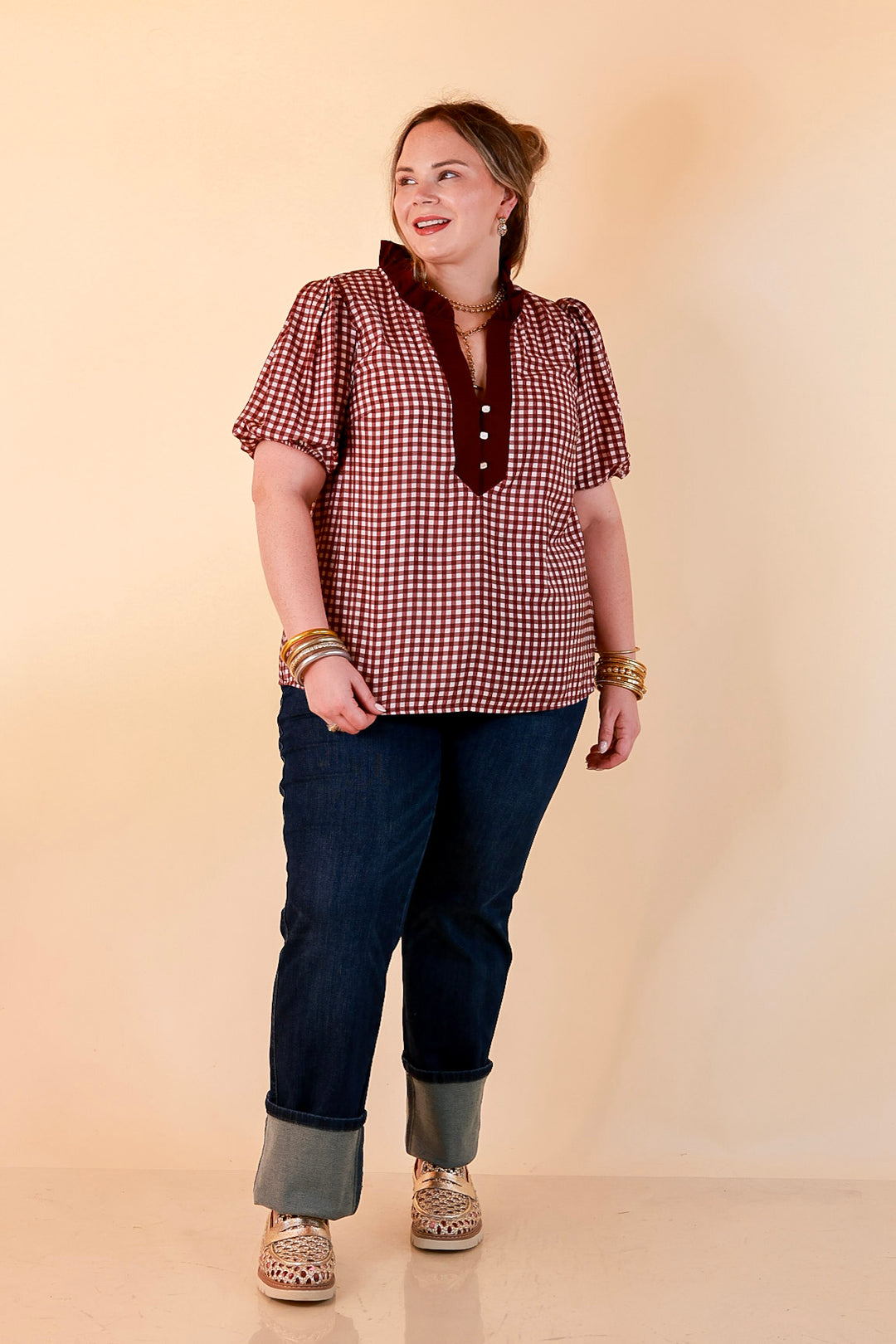 Check the Agenda Contrast V-Neck Button Detail Gingham Puff Sleeve Top in Maroon and Ivory