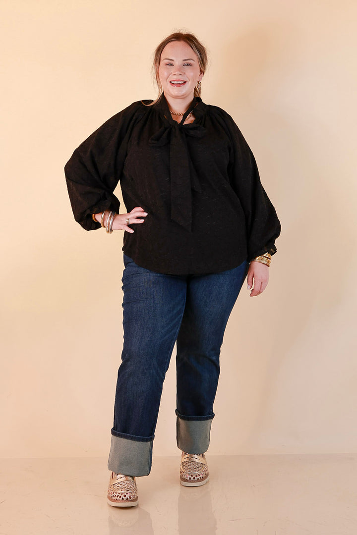Commanding Attention Tie Neck Velvet Animal Print Balloon Sleeve Blouse in Black
