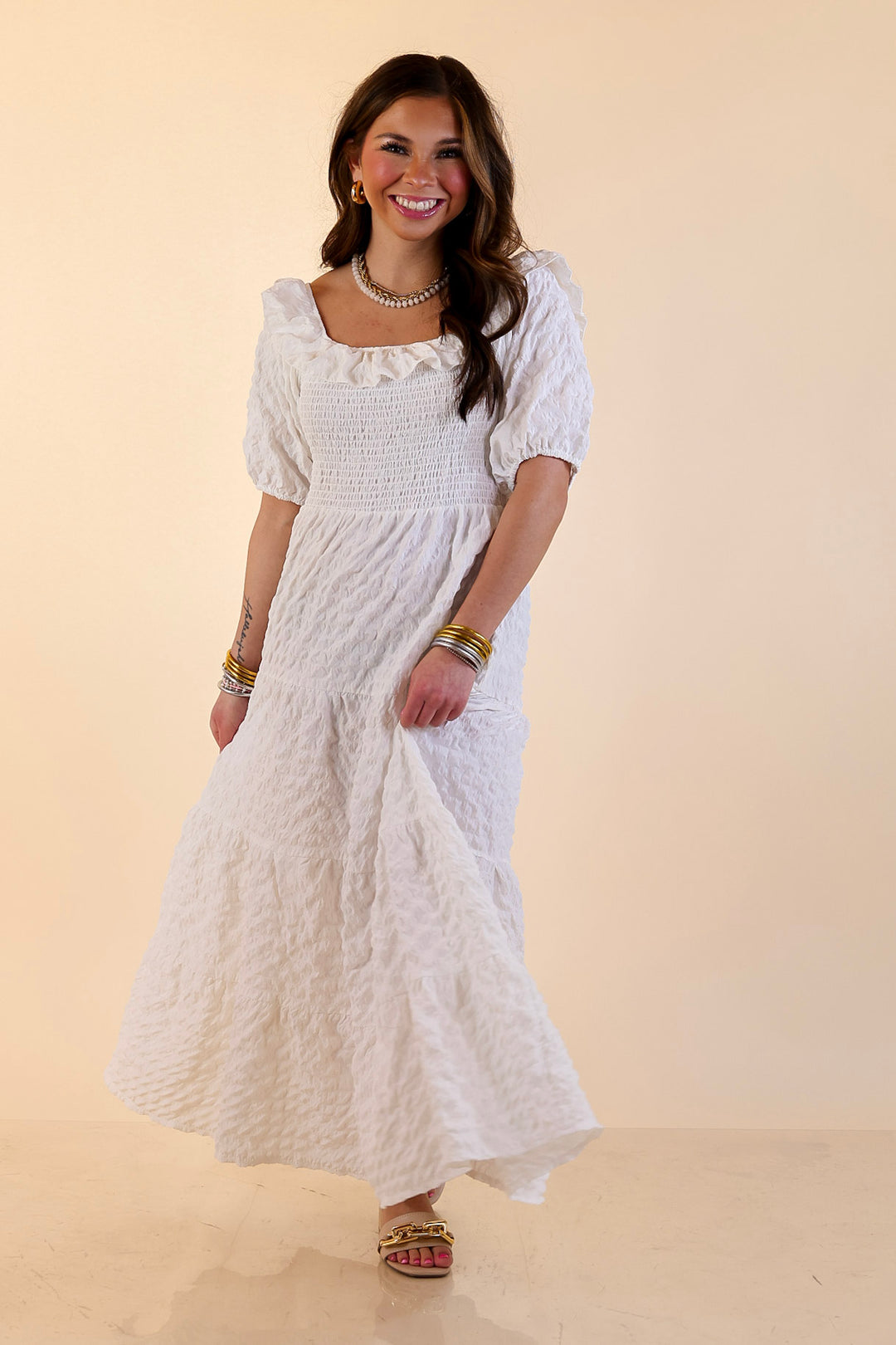 Simply Southern | Radiant Moment Textured Smocked Bodice Tiered Maxi Dress with Puff Sleeves in White