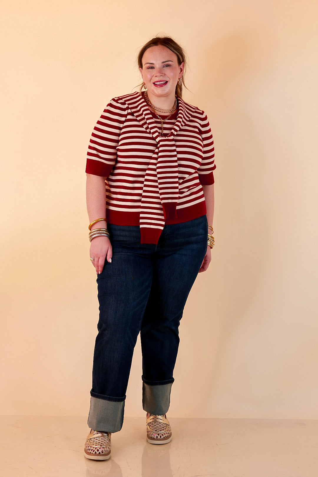 Leading Lady Faux Sweater Tie Detail Short Sleeve Striped Knit Top in Burgundy and Ivory