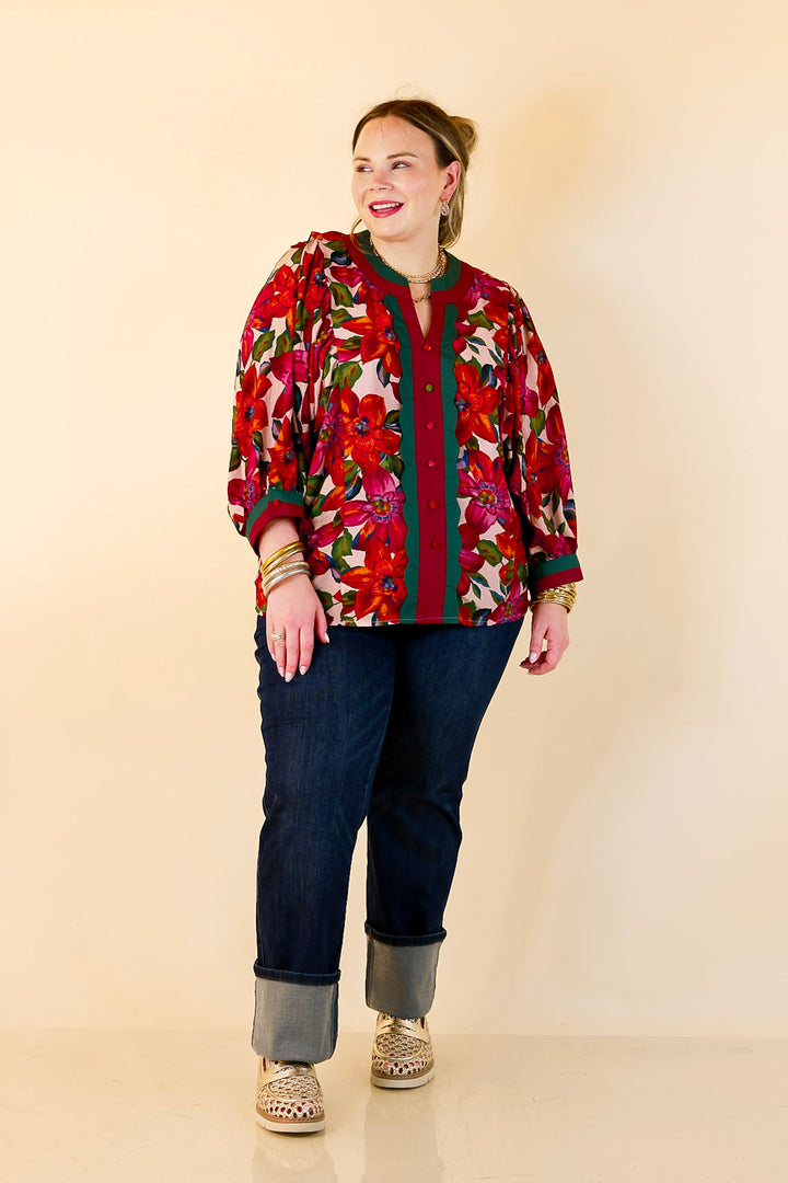 Color Me Confident Floral Print Button Front Contrast Trim Top in Ivory, Plum and Emerald Green