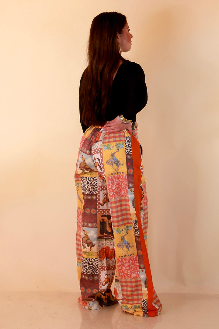 Western State of Mind Wide Leg Patchwork Cowboy Print Pants in Multicolor