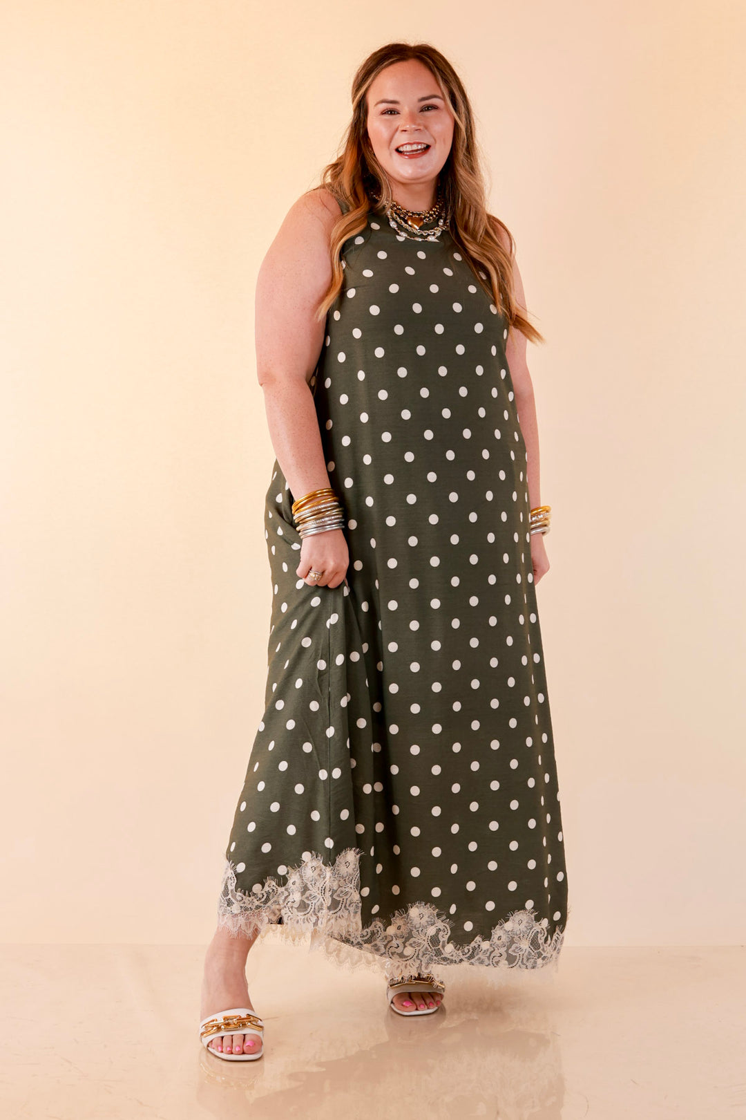 Sweet Little Something Polka Dot Sleeveless Maxi Dress with Lace Trim in Olive Green