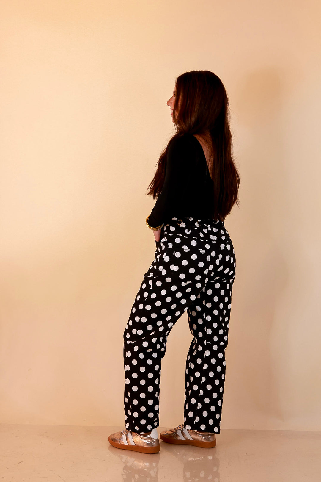 Just My Type Polka Dot Wide Leg Barrel Jeans with Drawstring Waist and Pockets in Black and White