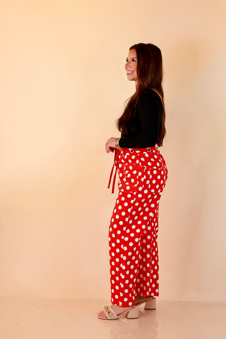 Just My Type Polka Dot Wide Leg Barrel Jeans with Drawstring Waist and Pockets in Red and White
