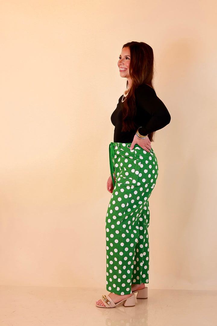 Just My Type Polka Dot Wide Leg Barrel Jeans with Drawstring Waist and Pockets in Green and White