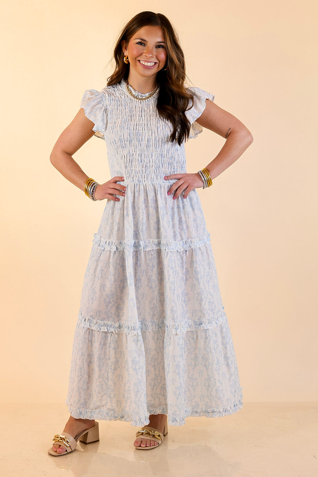 Mud Pie | Graceful Charm Smocked Toile Print Tiered Midi Dress with Ruffle Sleeves in Blue and White