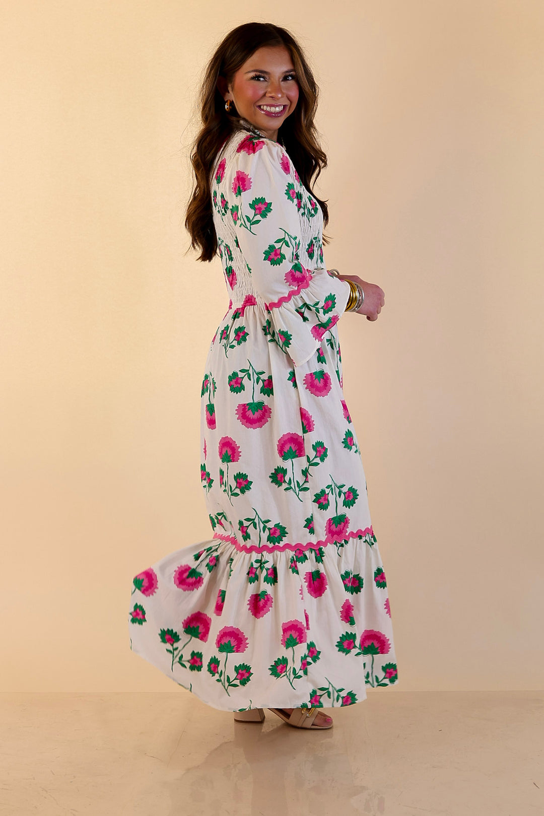 Mud Pie | Petal Parade Smocked Floral Print Tiered Midi Dress with Scallop Trim in Cream Multi