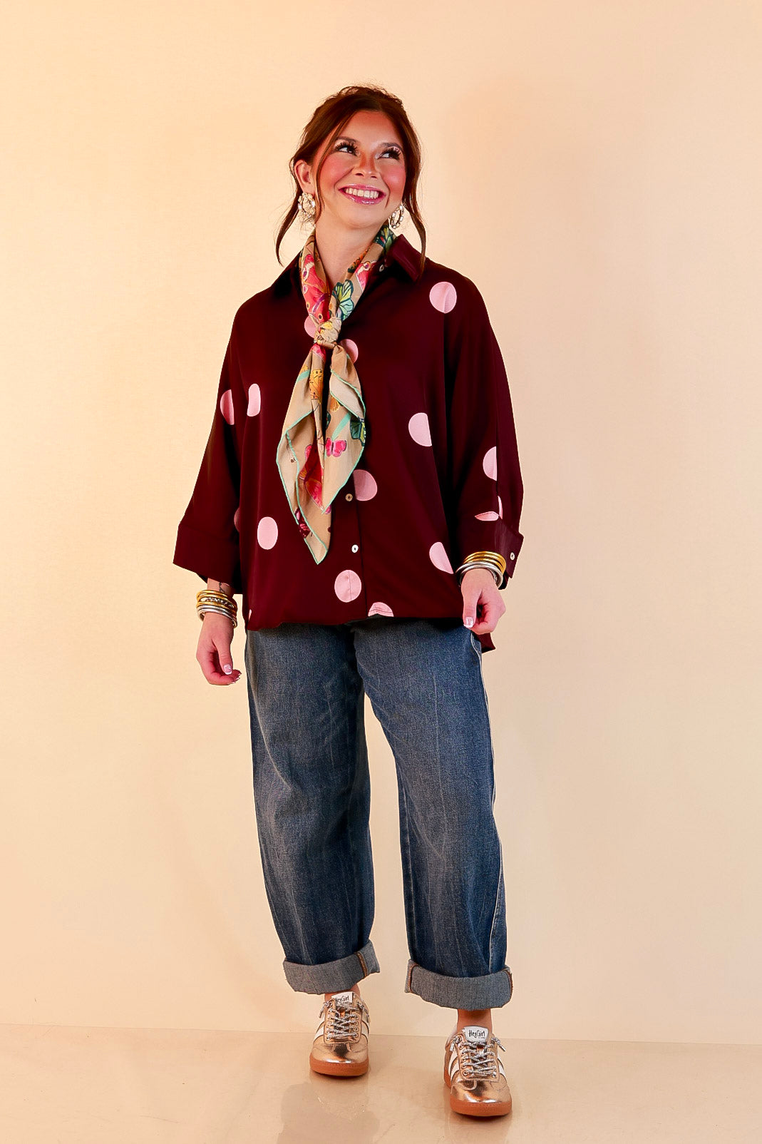 Two of a Kind Oversized Long Sleeve Button Down Blush Pink Polka Dot Blouse in Maroon